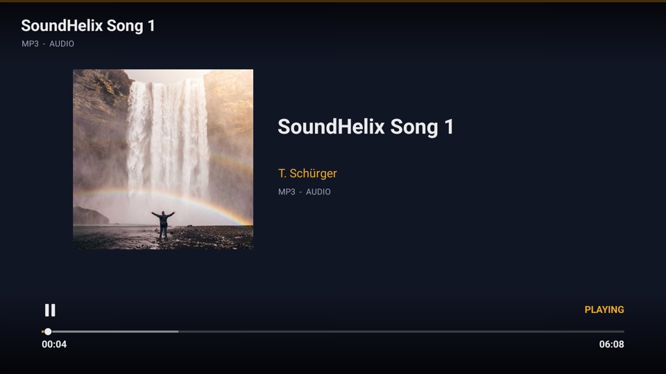 The music screen: a square piece of album artwork showing a waterfall on the left, the track title and the artist beside it on the right, and a progress bar along the bottom of the screen.