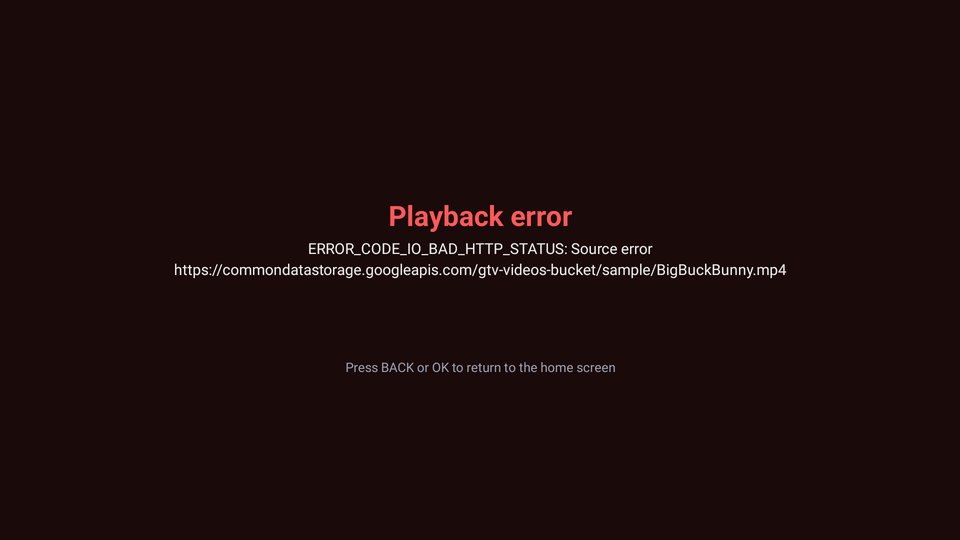 A dark red screen reading "Playback error", with the technical reason and the full web address that failed underneath it, and a line at the bottom saying to press BACK or OK to return to the home screen.
